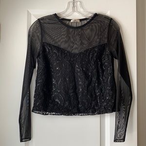 Shoshanna Black Shimmer Lace Sheer Top